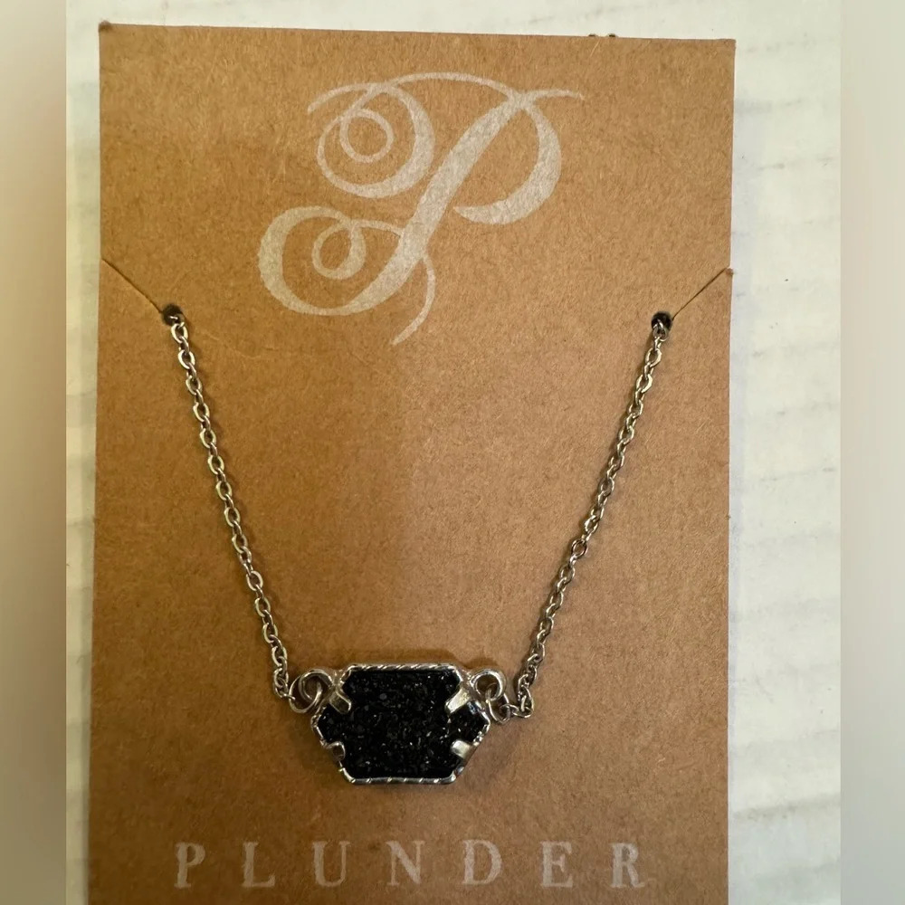 Plunder Design Fashion Trendy Jewelry Yvette Silver Black Druzy Pendant Necklace - Picture 5 of 5